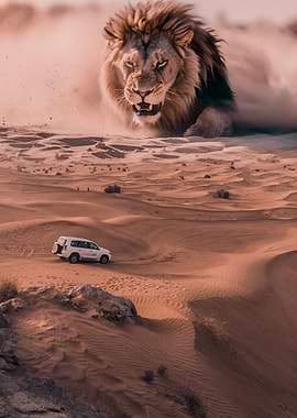 Giant lion and 4x4 desert