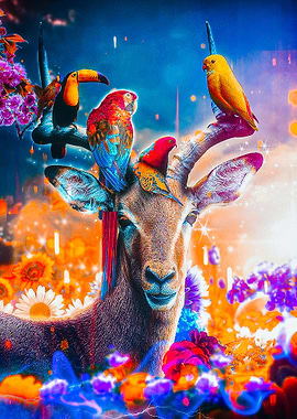 COLOURFUL DEER AND BIRDS