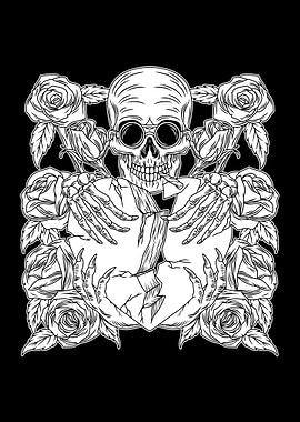 Skull Heart Flower BnW