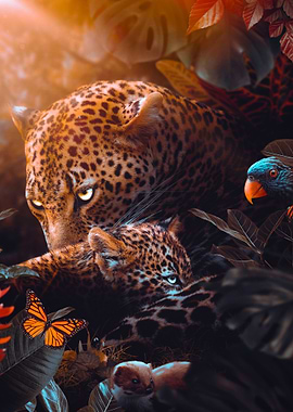 Leopard mother and baby