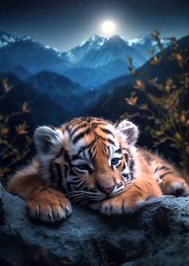 tiger cub under moonlight