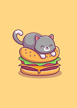Cute Cat Lay On Burger