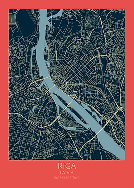 Riga Map Red Blue