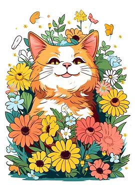 Happy Cat with Flowers