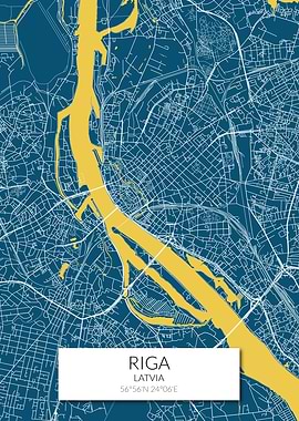 Riga Map Blue Yellow