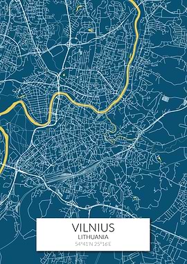 Vilnius Map Blue Yellow