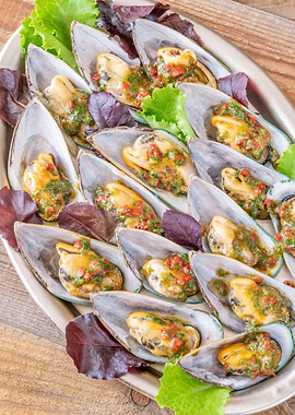 Baked half shell mussels