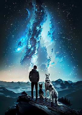 Man and Dogs Stargazing