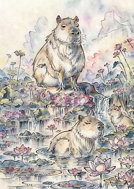 Capybaras rest in pond