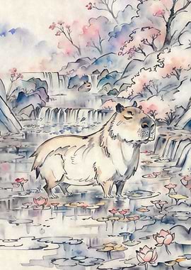 Capybara in lotus pond