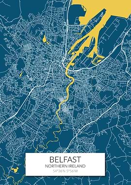 Belfast Map Blue Yellow