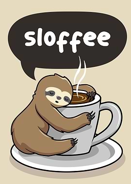 Sloth hugging coffee cup