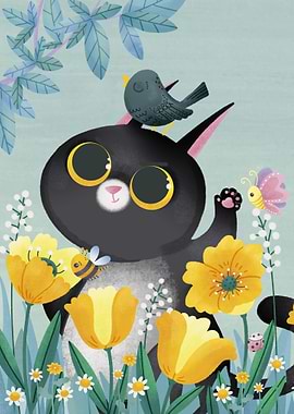 black cat chasing birds