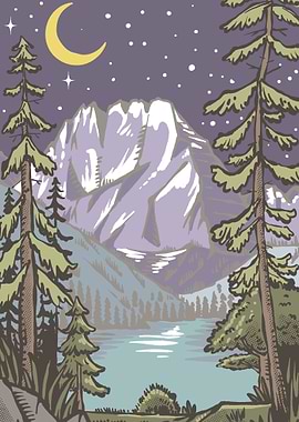 Lake mountain Scene Night