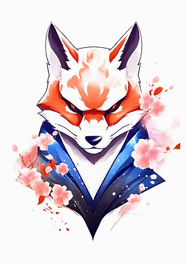 Kitsune Fox Mask Ink Wash
