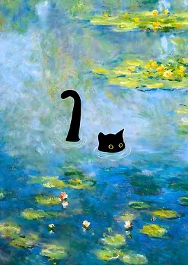 Black Cat in Summer Pond
