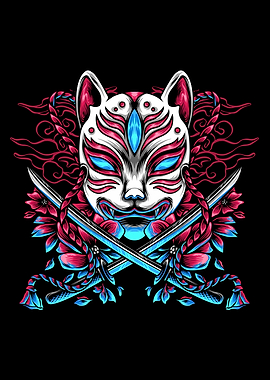 Kitsune Fox Mask Ink Wash