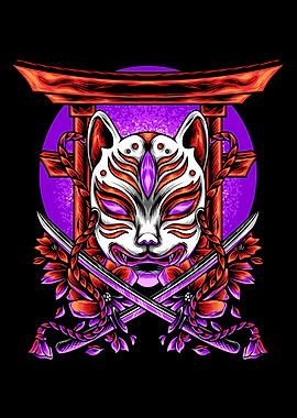 Kitsune Fox Mask Ink Wash