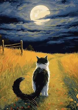 cat moon night landscape