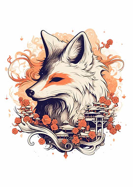 Kitsune Fox Mask Ink Wash