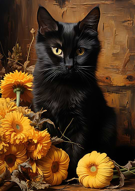 Black Cat and Flowers