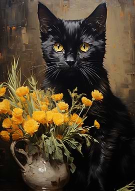 Black Cat and Flowers