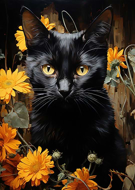 Black Cat and Flowers
