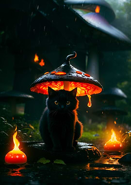 Blac cat and mushroom
