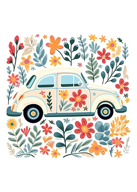 white retro car and floral