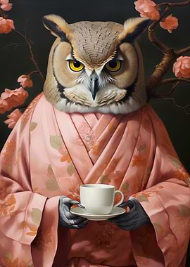 owl in kimono with coffee