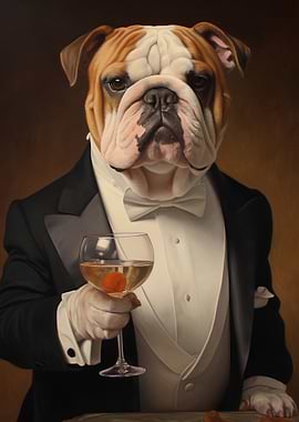 Bull dog dressed in tuxedo