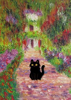 BLACK CAT MONET PAINTING