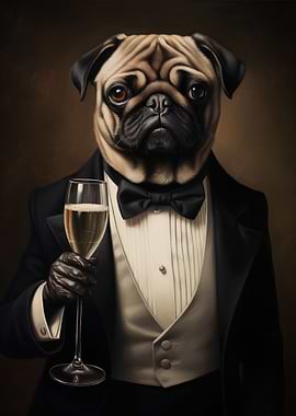 pug dog dressed in tuxedo