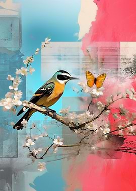 Sakura Pink and Blue Bird