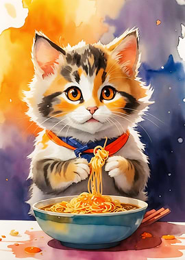 cute kitten eating noodles
