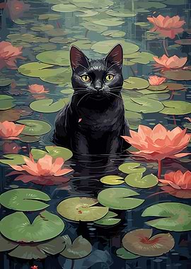 Black Cat in Waterlilies