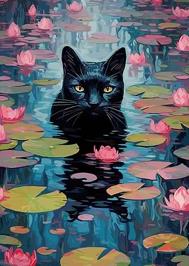 Black Cat in Waterlilies