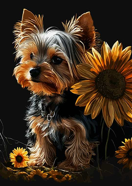 Puppy and Sunflowers
