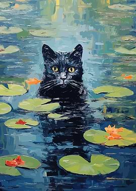 Black Cat in Waterlilies