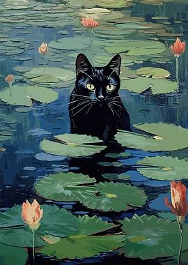 Black Cat in Waterlilies