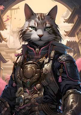 Cherry Blossom Samurai Cat