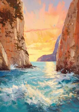 Waves On Cliff Oilpainting