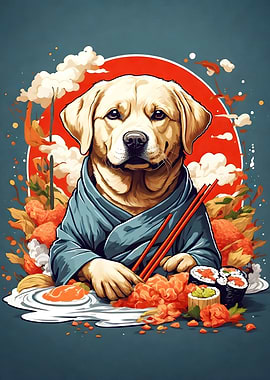Cute Labrador eating Sushi