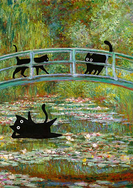 BLACK Cat Monet WaterLily