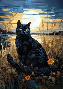 black cat painting moon