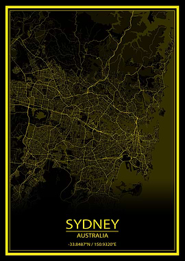 Sydney Black Yellow Map