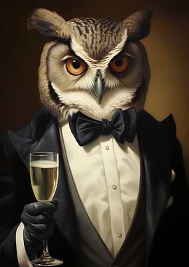 owl holding beer in tuxedo