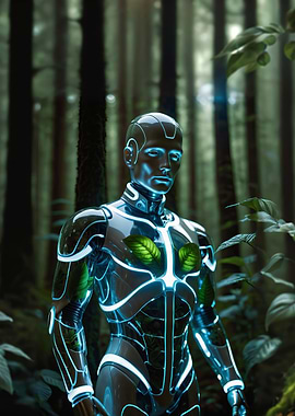 Blue cyborg in forest