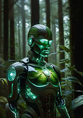 Green cyborg in forest