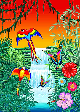 Macaws in Exotic Waterfall